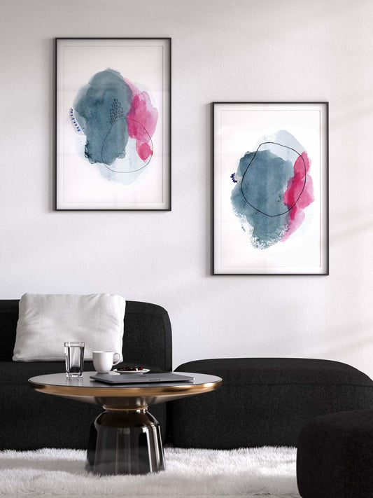 Large Abstract Art Print Set, Pink and Blue Art - AdriLunaStudio