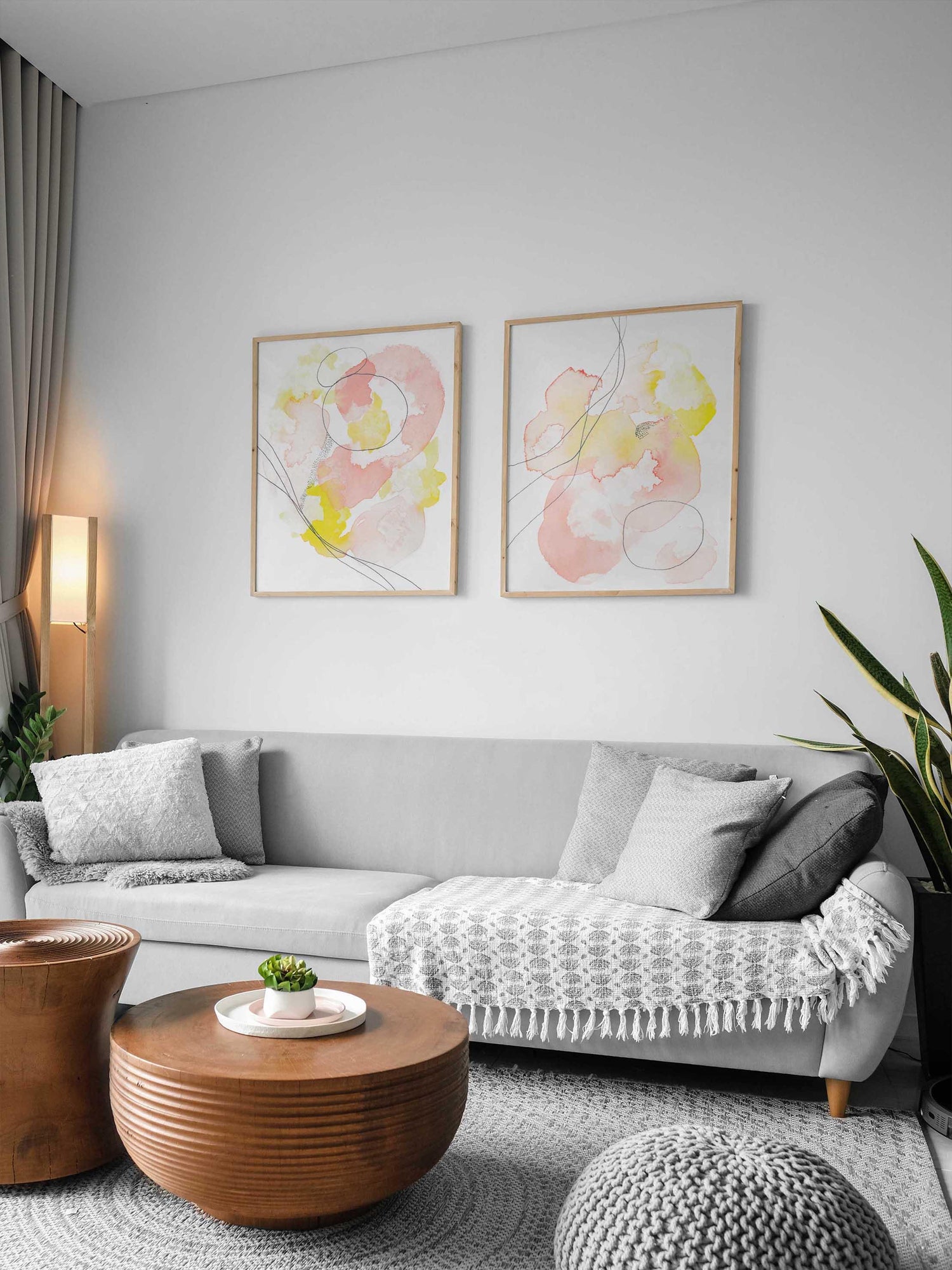 Abstract Set of Pink and Yellow Wall Art - AdriLunaStudio